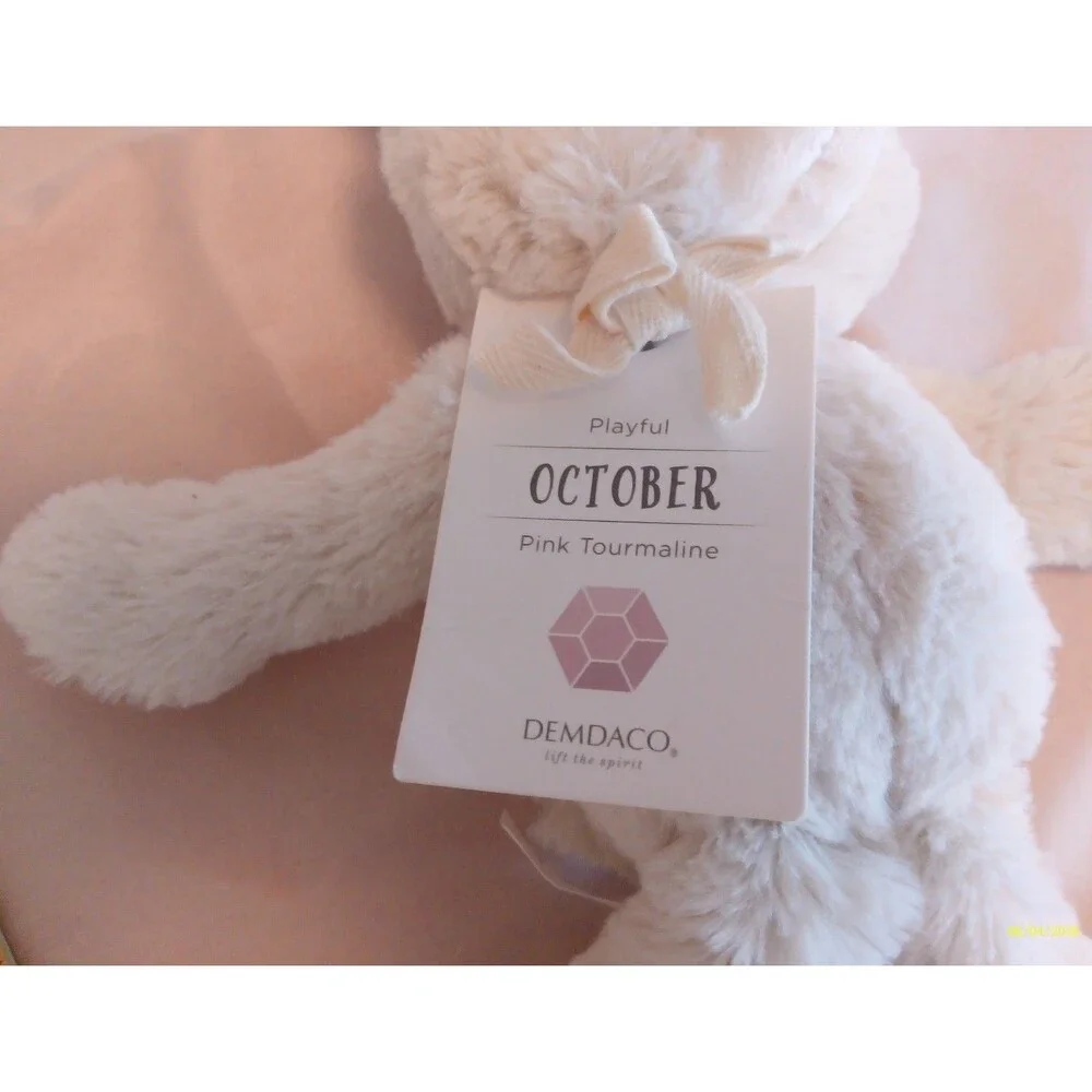 Demdaco Birthstone Bear Cream Plush October Pink Tourmaline Heart Foot 9 Inch